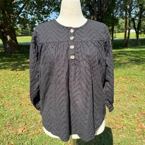 Wishing Waves Black Eyelet Cotton Blouse XL Chevron Embroidered Top Boho Chic
